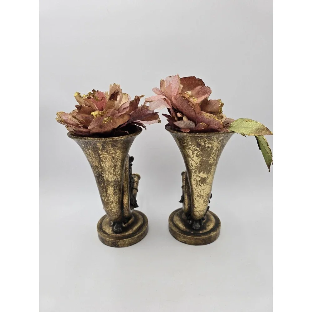 Gold Color French‎ Horn Faux Flower Vases Table Decor Set Of 2